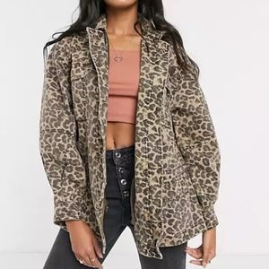 Free people leopard print Seize the day oversized slouchy denim utility jacket